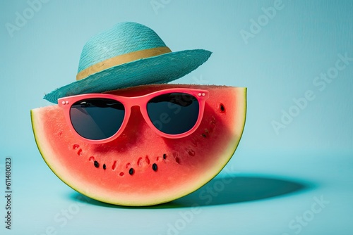 Funny and gorgeous watermelon in the summertime wearing a hat and fashionable sunglasses on a pastel blue backdrop. basic notion for an idea. traditional festival food and beverages in Generative AI