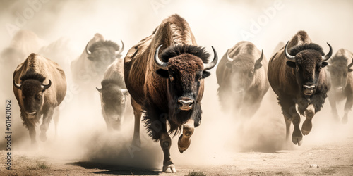 A herd of bison run across a field, kicking up a cloud of dust. - generative ai