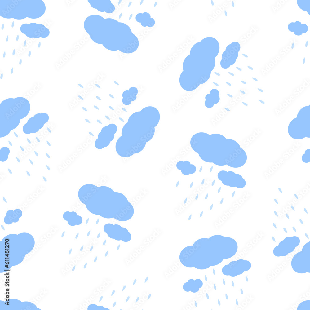 Cloud with rain drops seamless pattern simple cartoon vector illustration for kids, nature repeat design for seasonal summer decor, card, invitation, poster, environmental concept