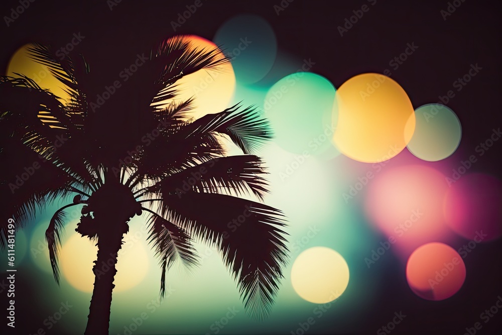 Copy space of a silhouetted palm tree in a tropical setting against an abstract bokeh background. Theme of summer vacation and outdoor fun. pastel tone filter impact on the color style. Generative AI