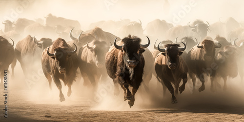 A Herd of buffalo gallops across the dusty landscape, stirring up a cloud of dust - generative ai.