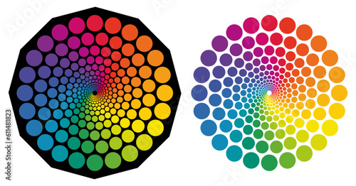Set of small circles sunburst or star radiating from centre forming one larger round object, colourful vibrant pallette