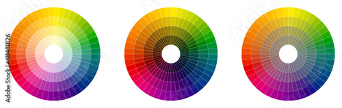 Colour palette wheel - RYB model, circle divided into fourty eight shades, version with different light, dark and saturation