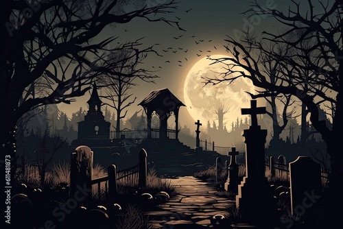 spooky cemetery with a full moon shining in the background. Generative AI