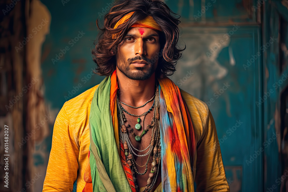 High Fashion Indian model man in colorful bright lights posing in studio, portrait of beautiful sexy male with trendy wear. Art design, colorful make up. Generative AI High Fashion Indian model man in colorful bright lights posing in studio, portrait of beautiful sexy male with trendy wear. Art design, colorful make up. Generative AI