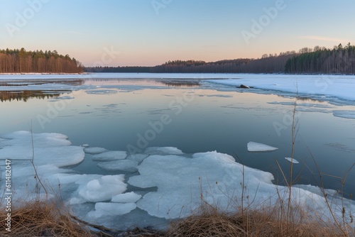 frozen lake surrounded by snow-covered mountains and trees. Generative AI