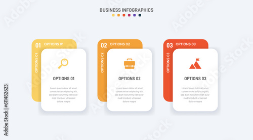 Timeline infographic with infochart. Modern presentation template with 3 spets for business process. Website template on white background for concept modern design. Horizontal layout. photo