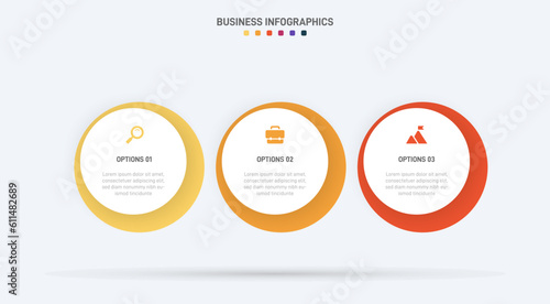 Timeline infographic with infochart. Modern presentation template with 3 spets for business process. Website template on white background for concept modern design. Horizontal layout.