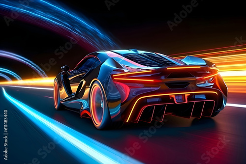 Futuristic Sports Car On Neon Highway. Powerful acceleration of a supercar with colorful lights trails. © Carlos Montes
