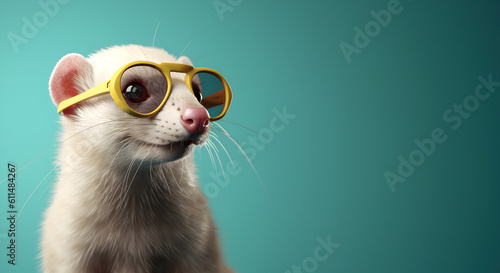 Creative animal concept. Ferret in sunglass shade glasses isolated on solid pastel background  commercial  editorial advertisement  surreal surrealism. 