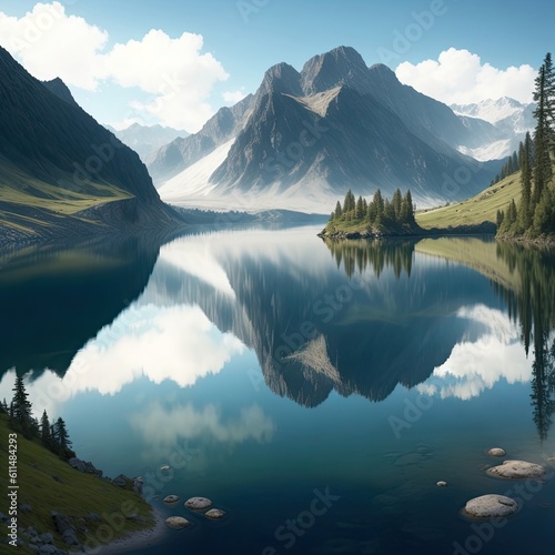 A lake surrounded by mountains, Generative AI