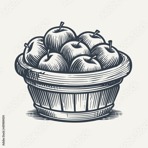 Woven basket with apples. Vintage woodcut engraving style vector illustration.	
