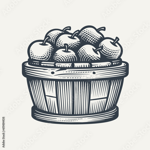 Woven basket with apples. Vintage woodcut engraving style vector illustration.	
