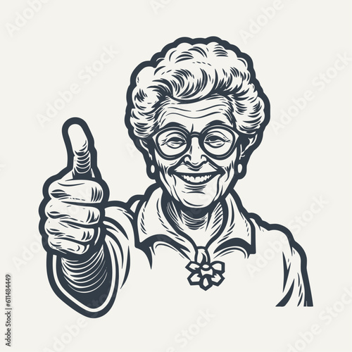Grandma approves showing thumbs up. Vintage woodcut engraving style vector illustration.	
