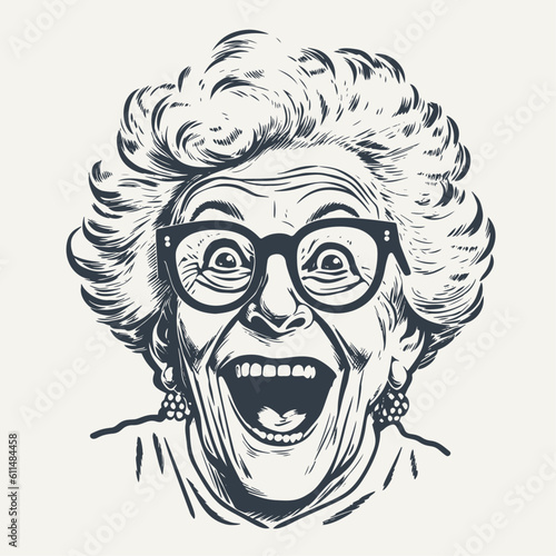Excited emotional grandma with open mouth. Vintage woodcut engraving style vector illustration.	
