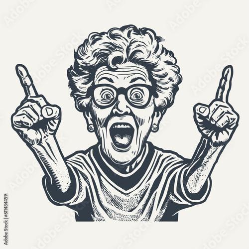 Excited emotional grandma pointing up with fingers. Vintage woodcut engraving style vector illustration.	
