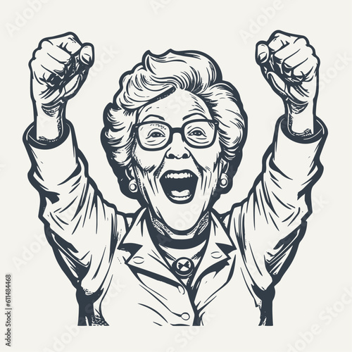 Excited emotional grandma raising fists. Vintage woodcut engraving style vector illustration.	
