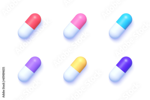 Realistic illustration with colored pills 3d set on white background. Medical capsule and drugs. Healthcare and medicine concept. Vector illustration