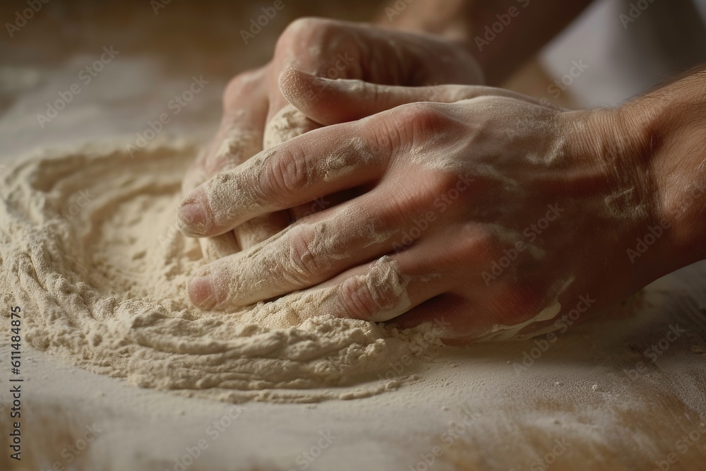 close up of hands kneading dough - generative AI