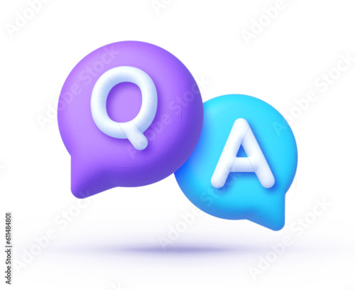 Question and answer speech bubble 3d vector illustration. Purple and blue rectangle push notification. FAQ, information, q and a letter. Vector illustration
