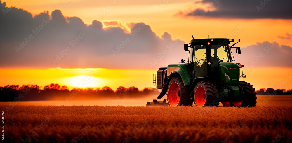 Obraz premium A combine harvester or agricultural tractor is processing or harvesting wheat in a field in the afternoon at sunset. Copy space for advertising text. Generative AI.
