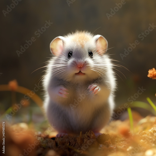 A small hamster sitting on top of a pile of dirt. Generative AI. © tilialucida