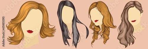 Beautiful hairstyle woman modern fashion for assortment. long hair, short hair, curly hair salon hairstyles and trendy haircut vector icon set isolated on white background.