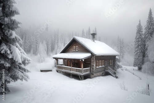 cozy cabin nestled in a snow-covered forest. Generative AI © Vusal