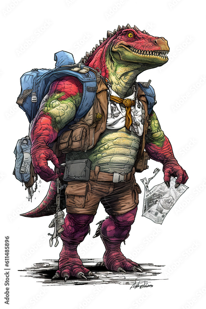 Fototapeta premium A cartoon of a t-rex hero dinosaur with a cape on. Generative AI.