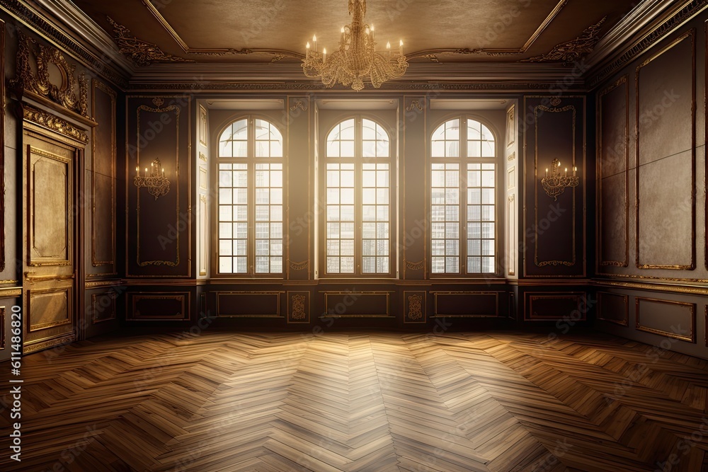 an empty room with a chandelier and two windows. Generative AI