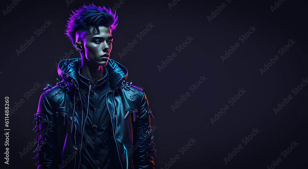 An appealing man in futuristic garb is depicted in a cyberpunk painting. Generative AI. An appealing man in futuristic garb is depicted in a cyberpunk painting. Generative AI.