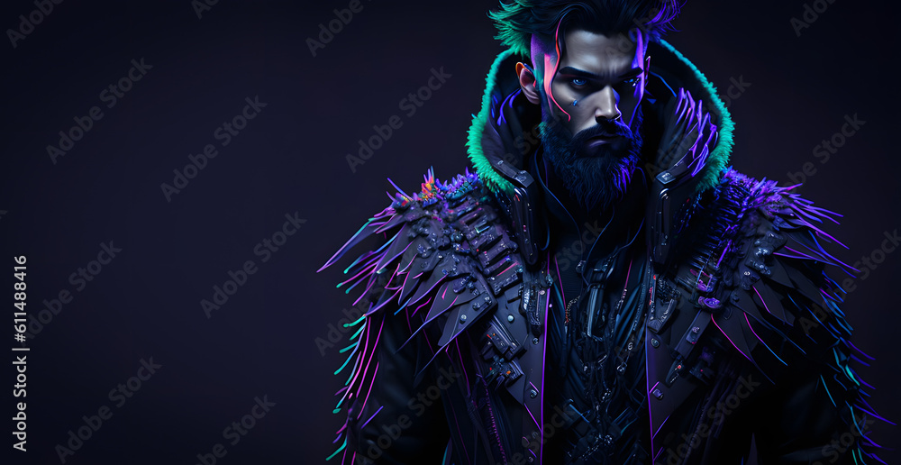 An appealing man in futuristic garb is depicted in a cyberpunk painting. Generative AI. An appealing man in futuristic garb is depicted in a cyberpunk painting. Generative AI.
