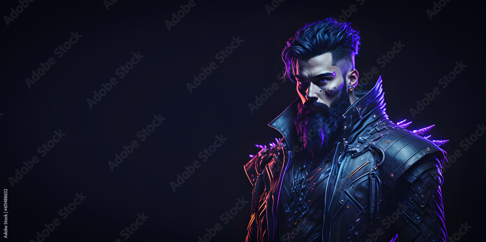 An appealing man in futuristic garb is depicted in a cyberpunk painting. Generative AI. An appealing man in futuristic garb is depicted in a cyberpunk painting. Generative AI.
