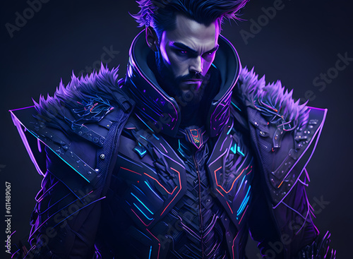 An appealing man in futuristic garb is depicted in a cyberpunk painting. Generative AI.