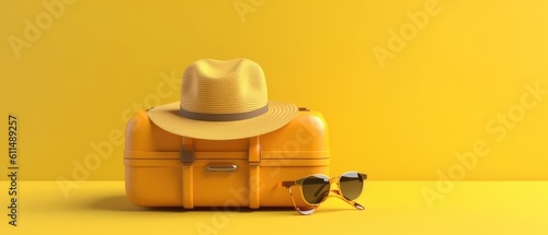  Yellow suitcase with sun glasses and hat on yellow background. travel concept. minimal style -Created using generative AI tools