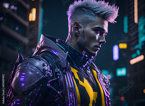 An appealing man in futuristic garb is depicted in a cyberpunk painting. Generative AI.