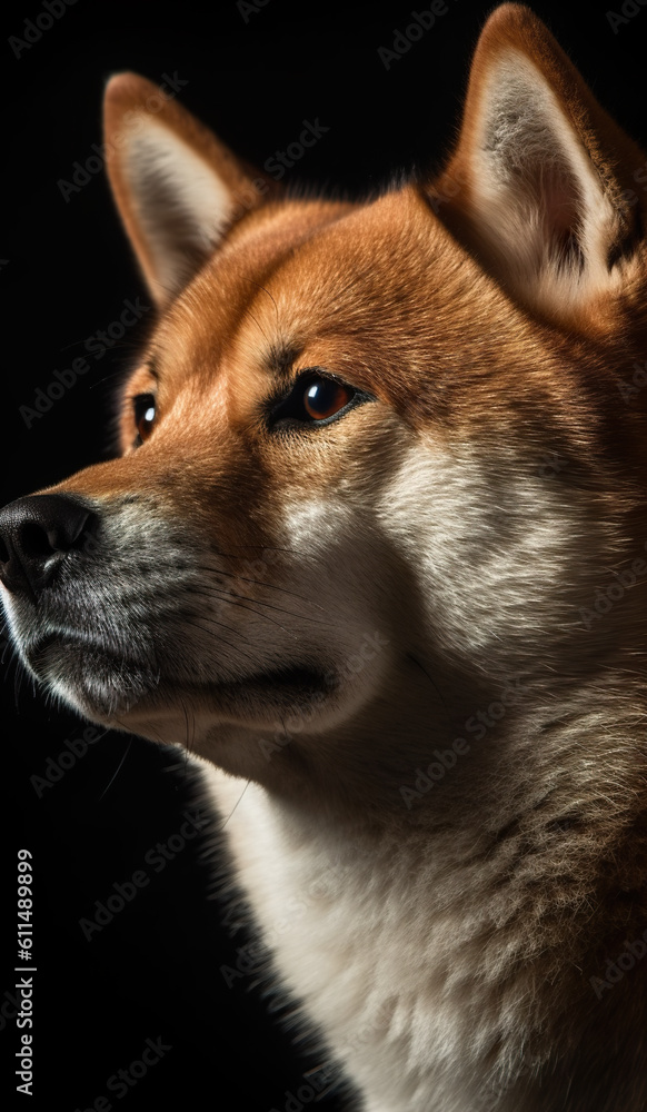 A close up of a dog with a black background. Generative AI. Shiba inu dog portrait.