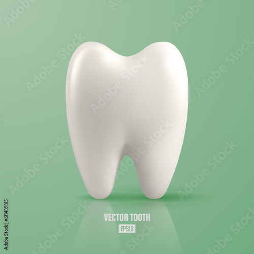 Vector 3d Realistic Tooth. Dental Inspection Banner, Plackard. Tooth Icon Closeup on Green Background. Medical, Dentist Design Template. Dental Health Concept