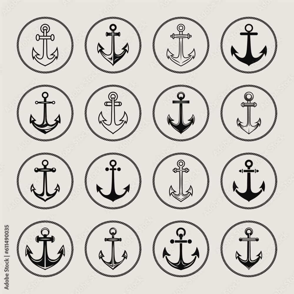 Vector Anchors. Anchor Silhouette Icon Set. Black and White Anchor with Outline. Anchor Design Template Collection. Vector Illustrtion Vector Anchors. Anchor Silhouette Icon Set. Black and White Anchor with Outline. Anchor Design Template Collection. Vector Illustrtion