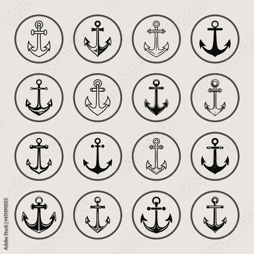 Vector Anchors. Anchor Silhouette Icon Set. Black and White Anchor with Outline. Anchor Design Template Collection. Vector Illustrtion