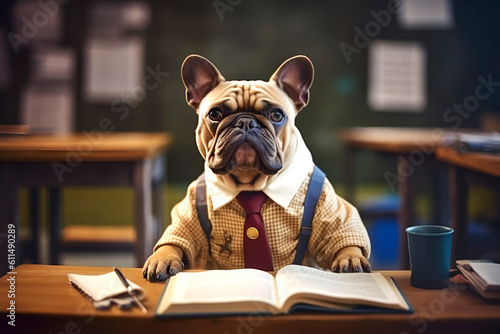 French bulldog in a suit sits at a table with a book in a school classroom. Concept study. Generated AI