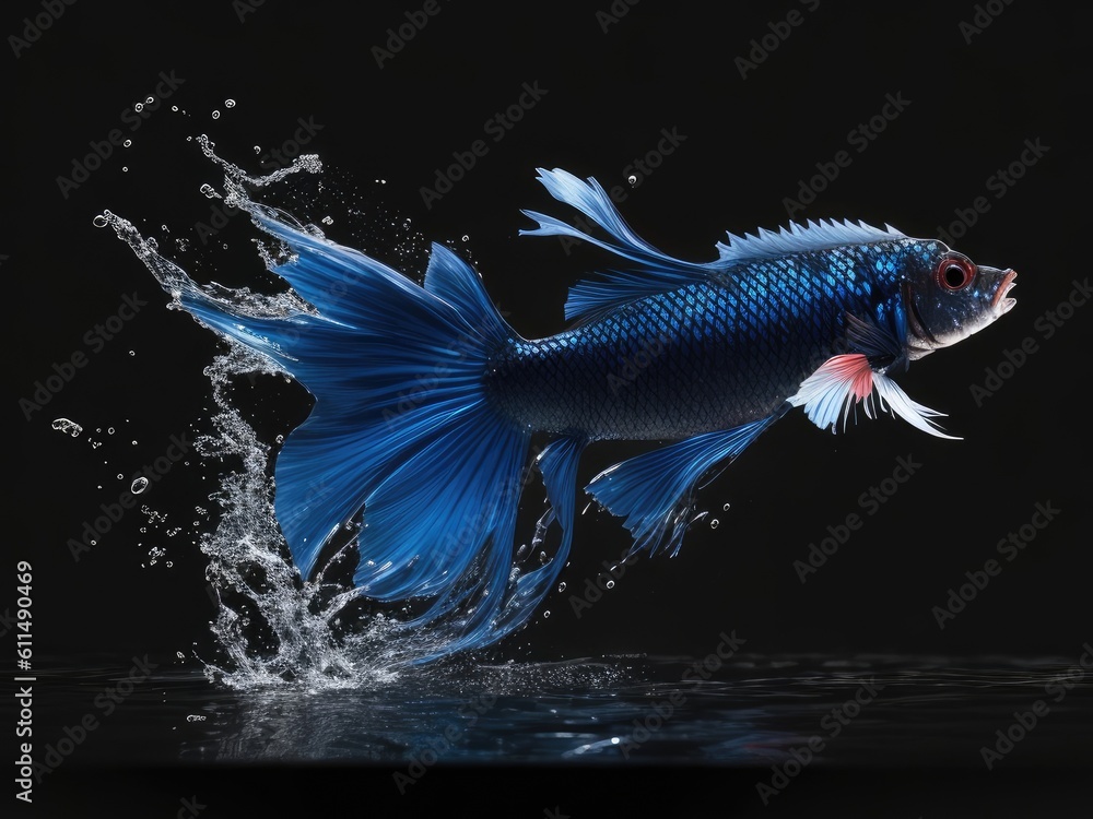 Betta fish jumping out of water splash on black background ai