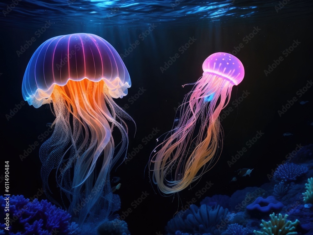 Glowing deep sea jellyfish a radiant beauty in the darkness underwater ...