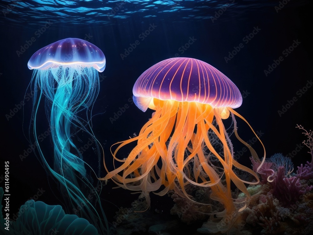 Glowing deep sea jellyfish a radiant beauty in the darkness underwater background ai generative Glowing deep sea jellyfish a radiant beauty in the darkness underwater background ai generative