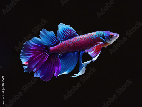 Beautiful colors half moon betta capture the moving moment on black background ai generative
