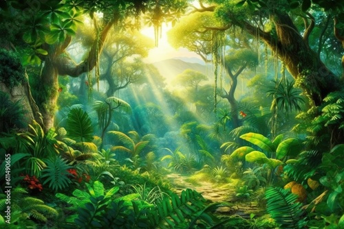 serene forest with rays of sunlight shining through the trees. Generative AI