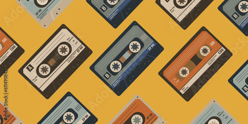 Lots of retro audio cassettes in a row background.