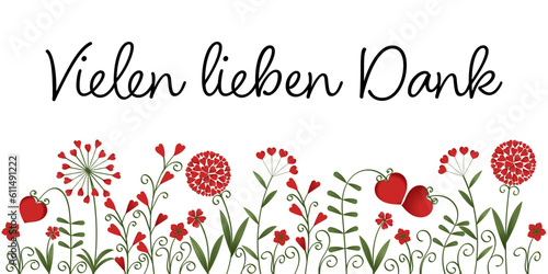 Vielen lieben Dank - Schriftzug in deutscher Sprache. Danksagungskarte mit Blumen aus roten Herzen.