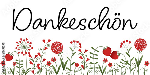 Dankeschön - Schriftzug in deutscher Sprache. Danksagungsbanner mit Blumen aus roten Herzen.