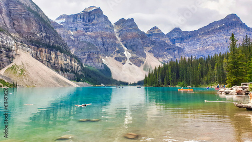 Spectacular scenery of Moraine Lake surrounded by peaks in Banff National Park in the Canada Rockies